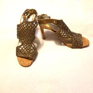 Donald J Pliner Womens Sania Bronze Caged Leather Upper Cork Platform Heels 9.5